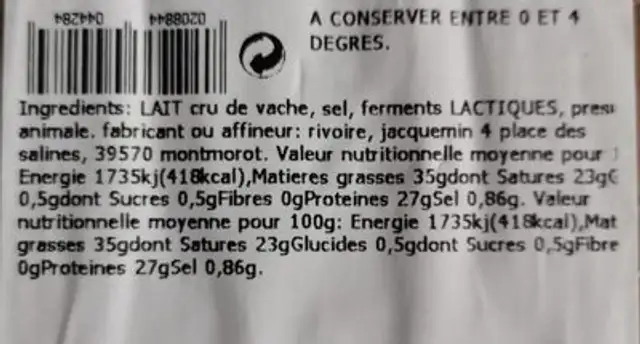 Comté nutrition facts table