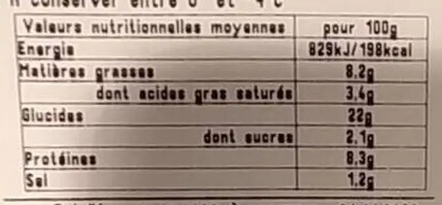 Pizza l'espagnole nutrition facts table