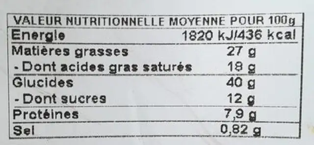 4 pains au chocolat beurre AOP nutrition facts table