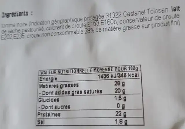 Tome Noire de Pyrénées nutrition facts table