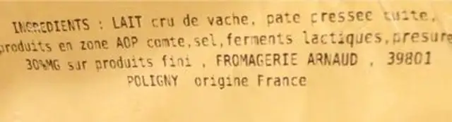 Comté nutrition facts table