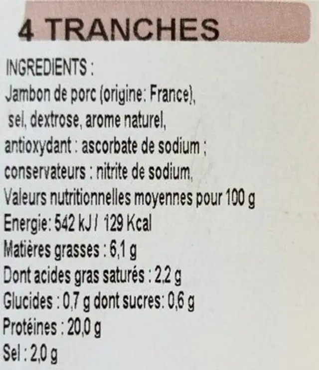 Le torchonay nutrition facts table