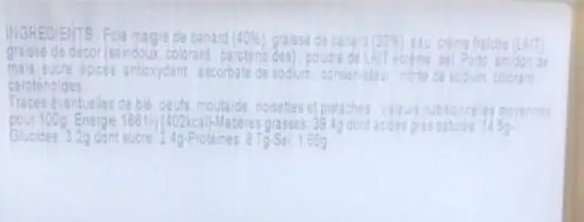 Mousse de canard nutrition facts table
