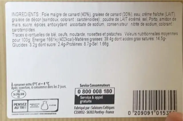 Mousse de canard qualité supperieure nutrition facts table