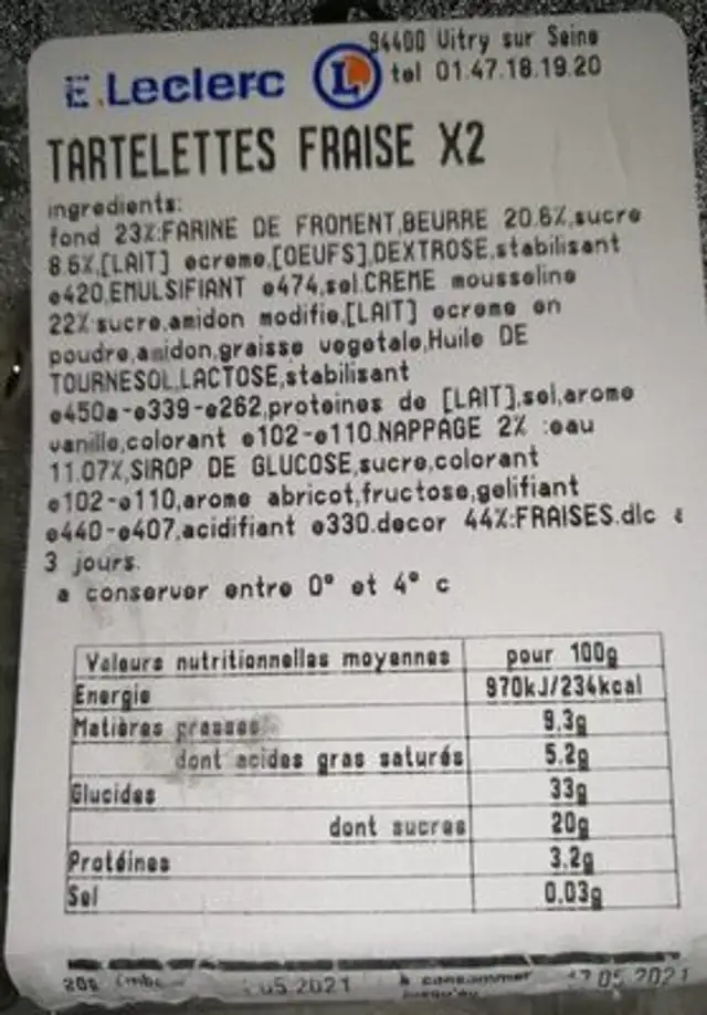 Tartelettes fraise nutrition facts table