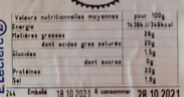 Tomme des Pyrénées nutrition facts table