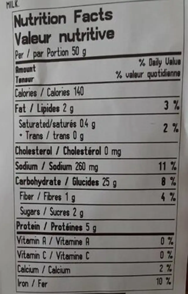 PAIN BLANC nutrition facts table