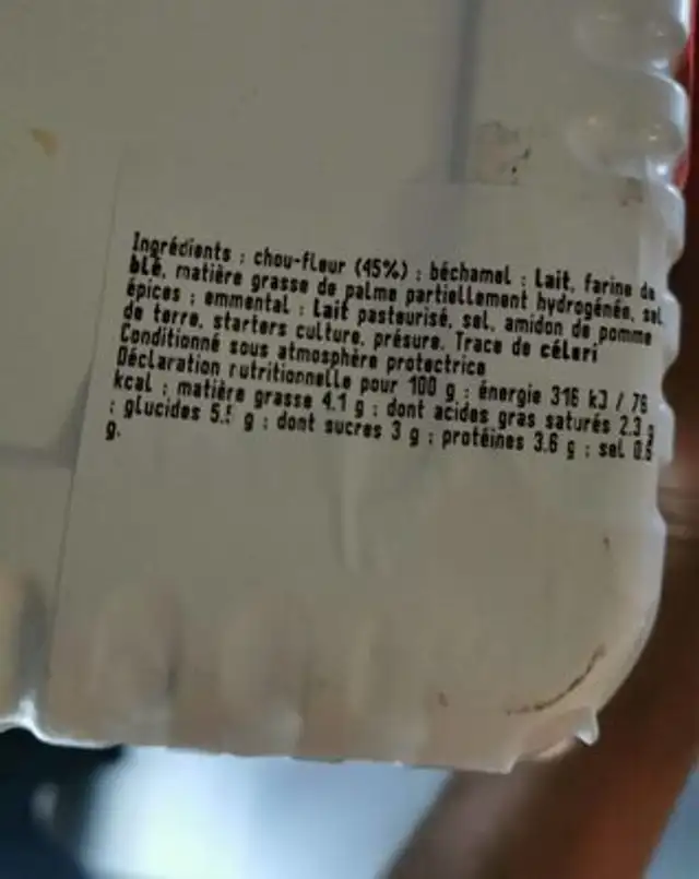 Gratin de chou fleur nutrition facts table