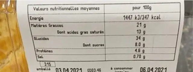 Chausson morceaux x4 nutrition facts table