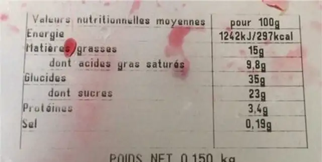 Tartelettes framboises x2 décongelées nutrition facts table