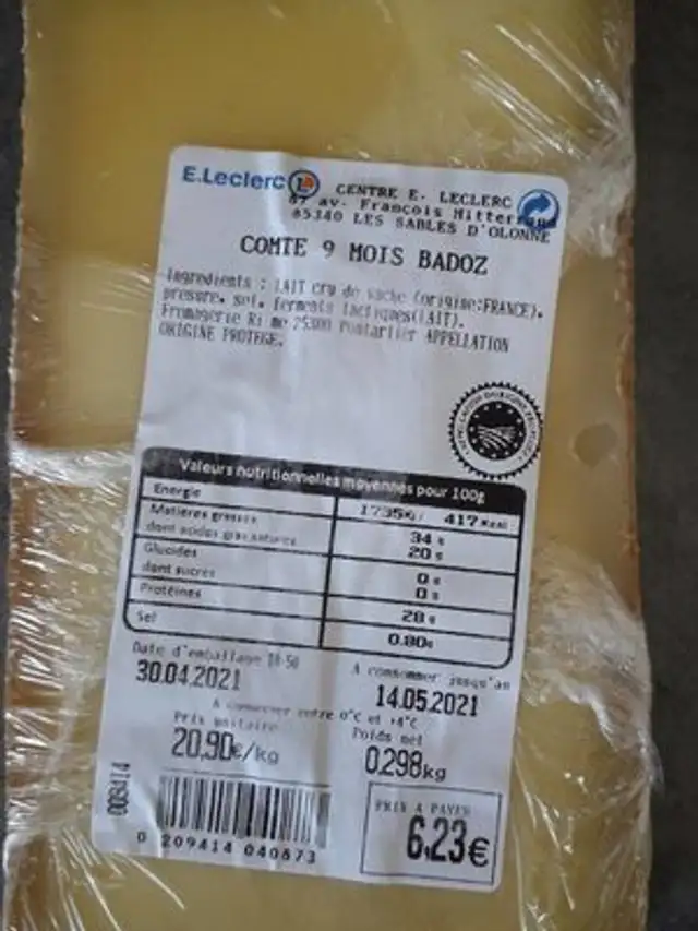 Comte 9 mois Badoz nutrition facts table