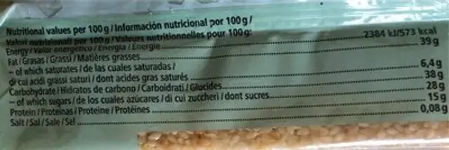 Sesambar nutrition facts table