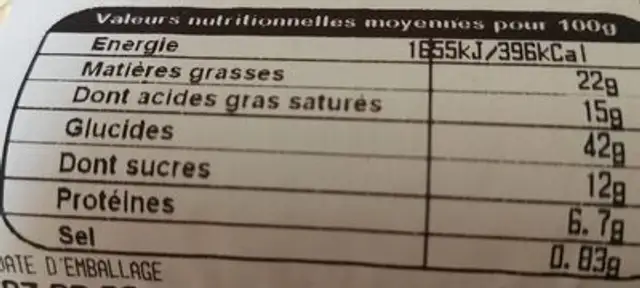Croissants et pains au chocolat au beurre AOP Charente Poitou nutrition facts table