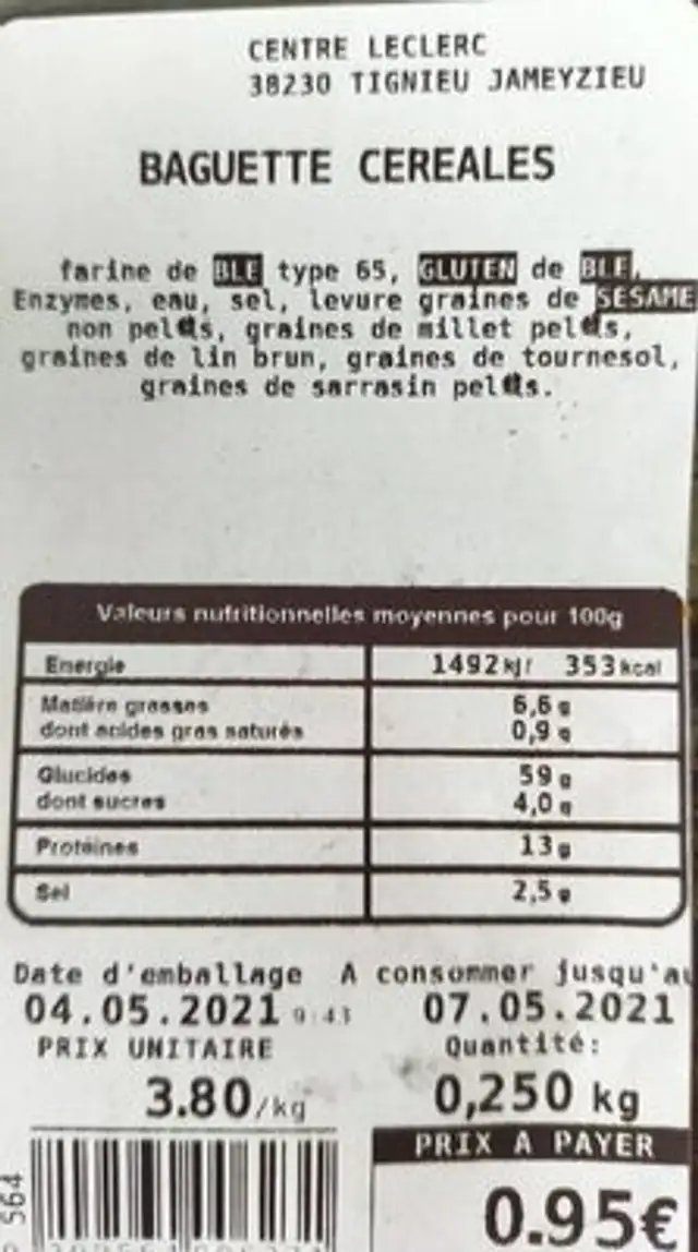 Baguette céréales nutrition facts table