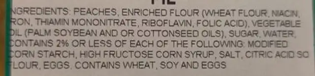 9" Gourmet Peach Pie ingredients label