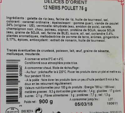 Nem Délices D'orient ingredients label