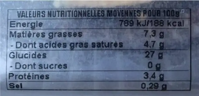 Maxi Flanc nature 22cm nutrition facts table