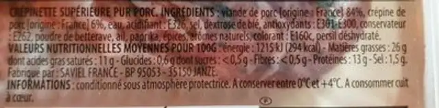 Crépinette nutrition facts table