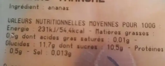 Ananas tranché nutrition facts table