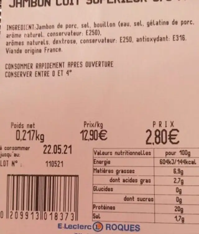 Jambon nutrition facts table