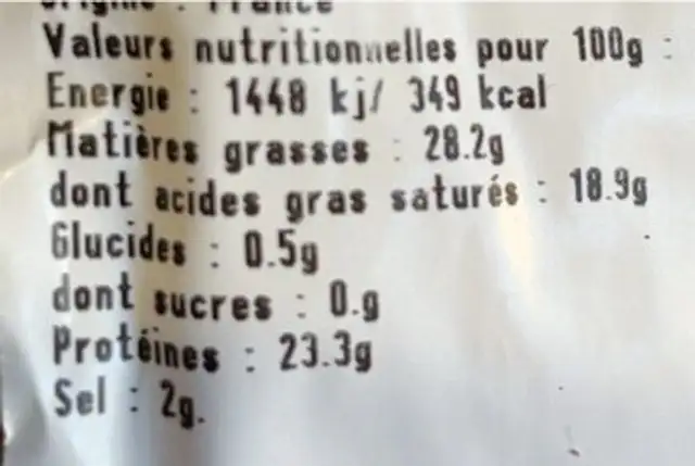 Pavé d'isigny nutrition facts table