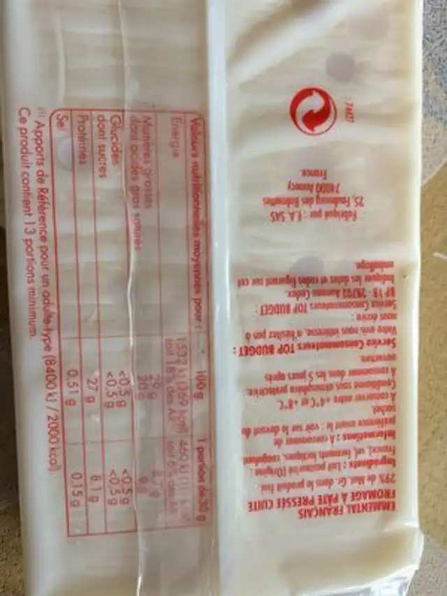 Emmental francais ingredients label