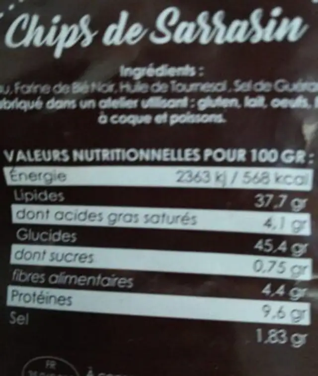 Chips de sarrasin nutrition facts table