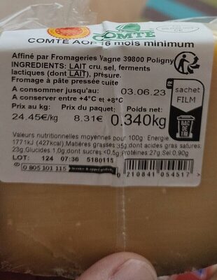 Comté AOP 16 mois minimum front packaging