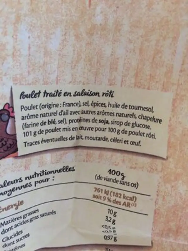 Poulet roti ingredients label