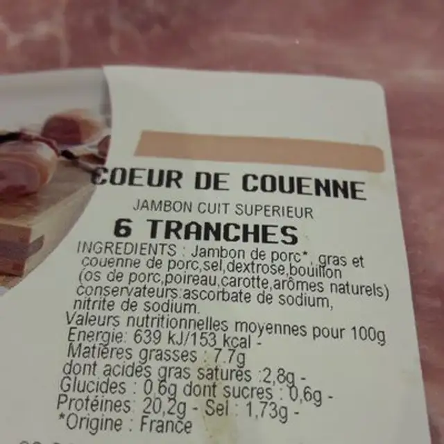 Jambon cuit supérieur coeur de couenne ingredients label