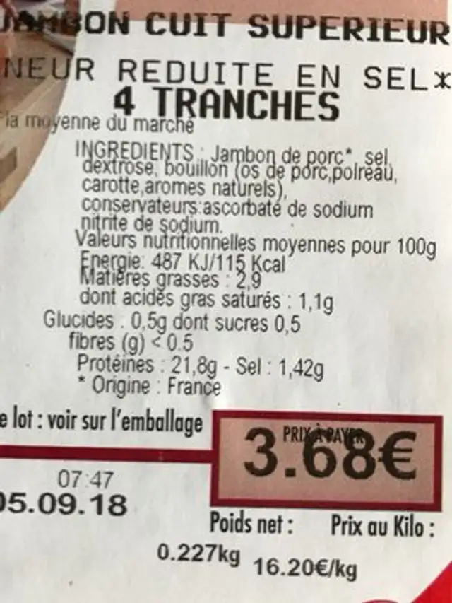 Jambon cuit superieur ingredients label