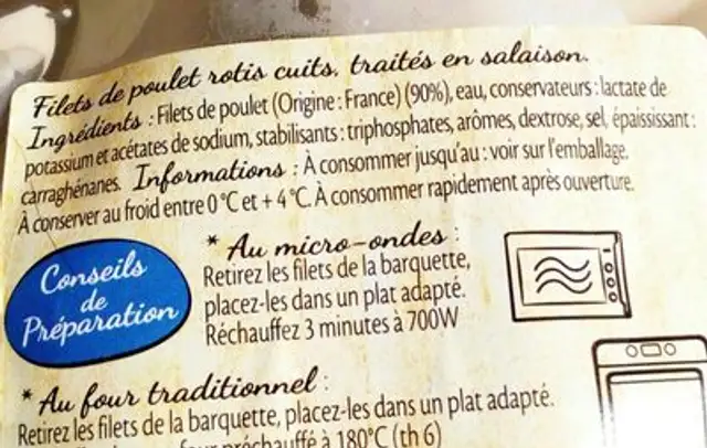 Filets de poulet rôtis ingredients label