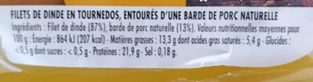 Tournedos de dinde ingredients label