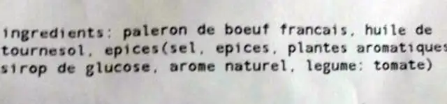 Paleron mariné ingredients label