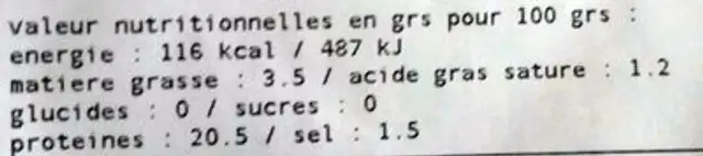 Paleron mariné nutrition facts table