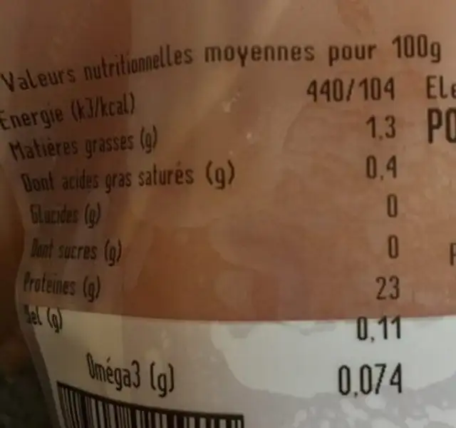 Filet de Poulet nutrition facts table