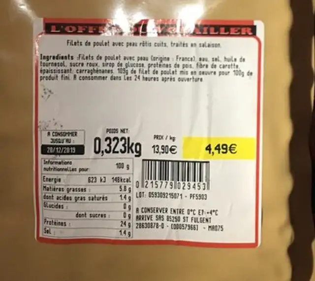 Filets de poulet rotis nutrition facts table