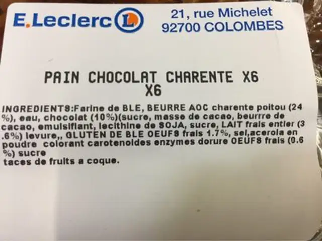 Pain chocolat charente x6 ingredients label
