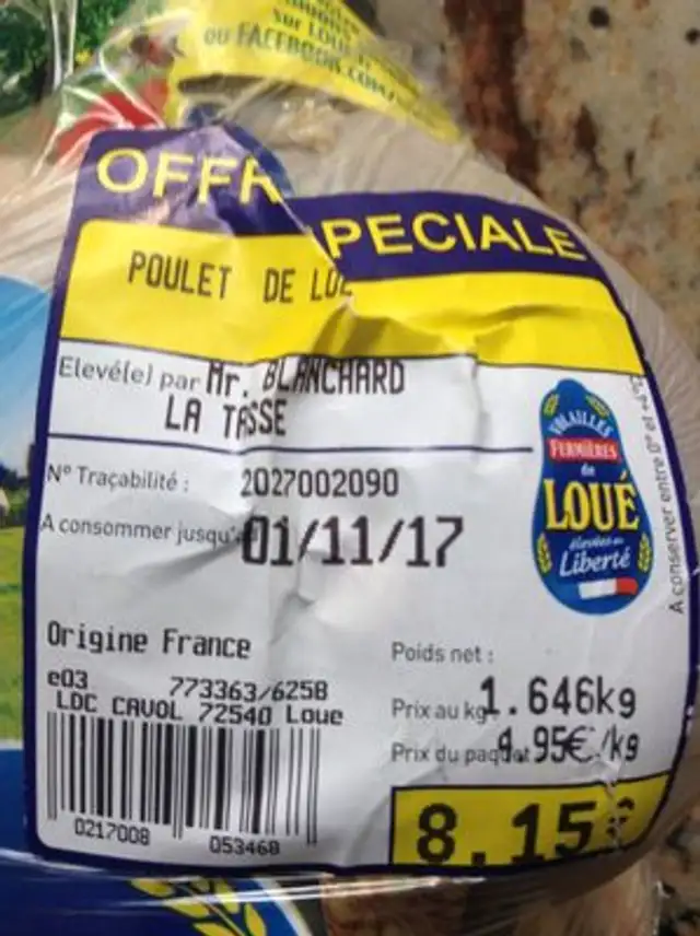 Poulet fermier de Loué ingredients label