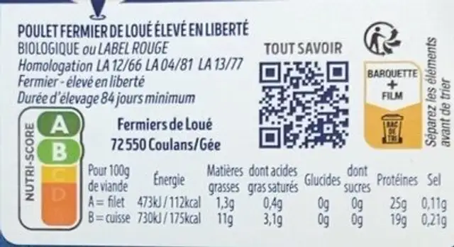 Poulet fermier élevé en france nutrition facts table