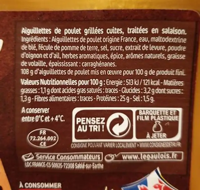 Aiguillettes de poulet grillé ingredients label