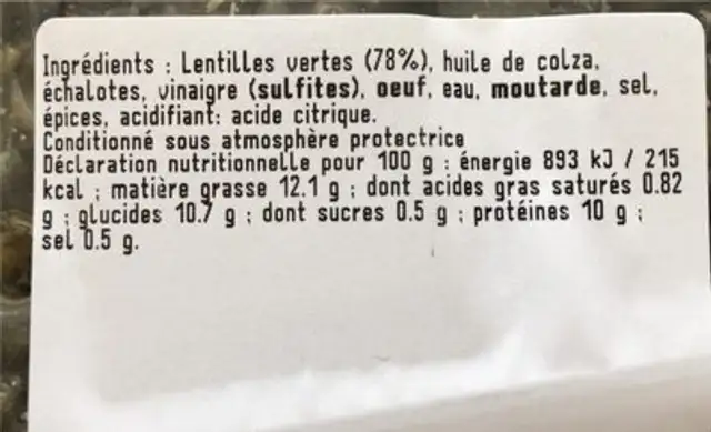 Lentilles assaisonnées nutrition facts table