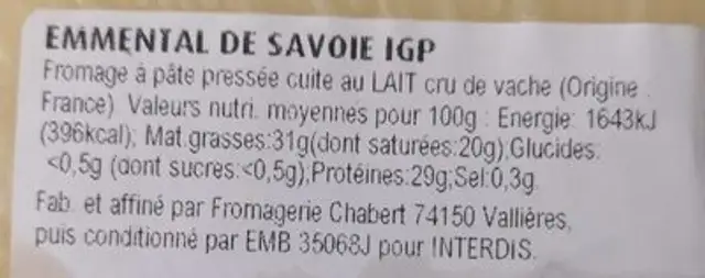 Emmental de Savoie igp ingredients label