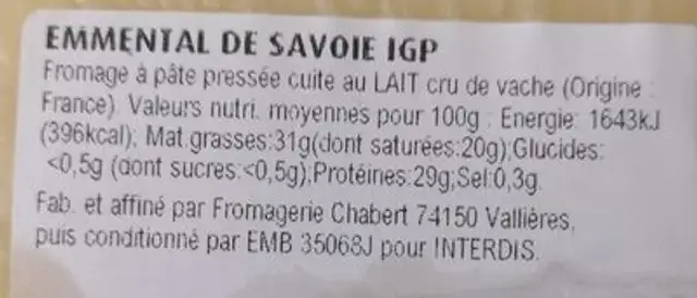 Emmental de Savoie igp nutrition facts table