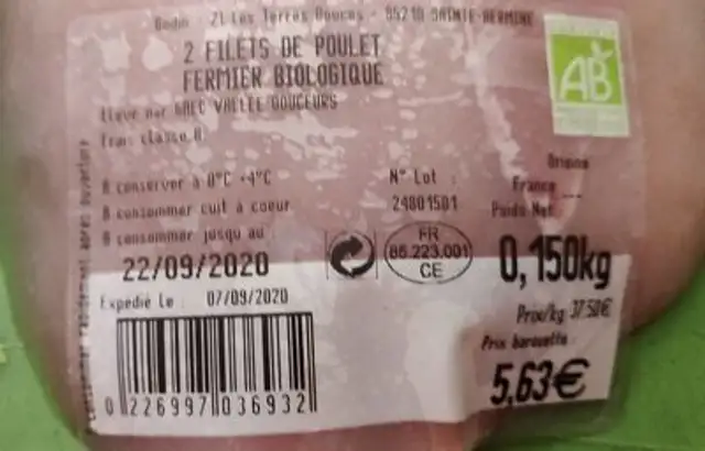 Poulet fermier bio nutrition facts table
