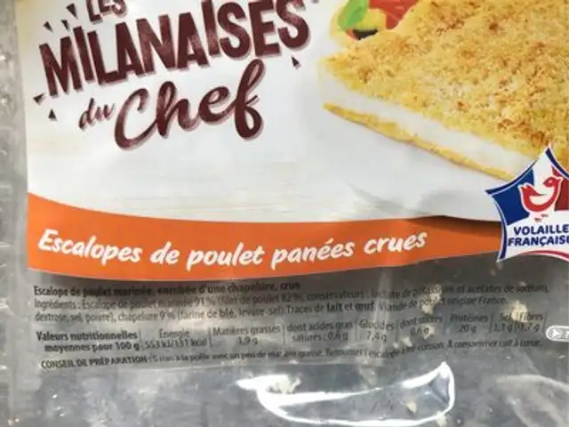 Escalope de poulet milanaise crue ingredients label