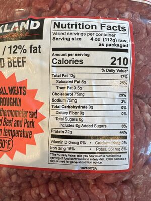 Ground Beef 88/12 nutrition facts table