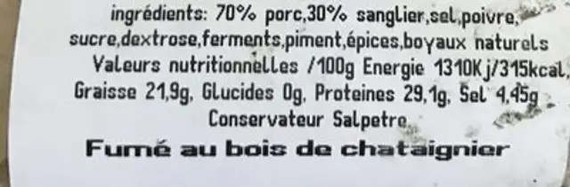 Saucisson au sanglier ingredients label