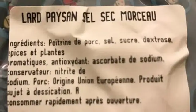 Lard paysan d'Alsace ingredients label