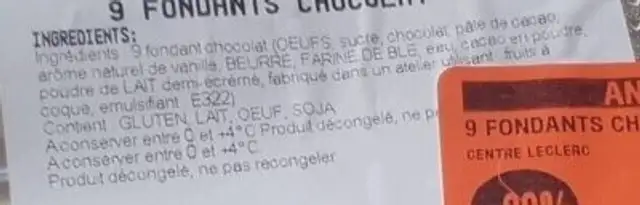 Fondants de chocolat ingredients label